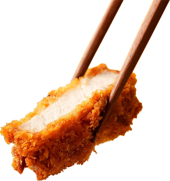 Close-up of crispy tonkatsu (Japanese deep-fried pork cutlet) held by chopsticks, like the katsu served at Kiyoshi's Katsu House